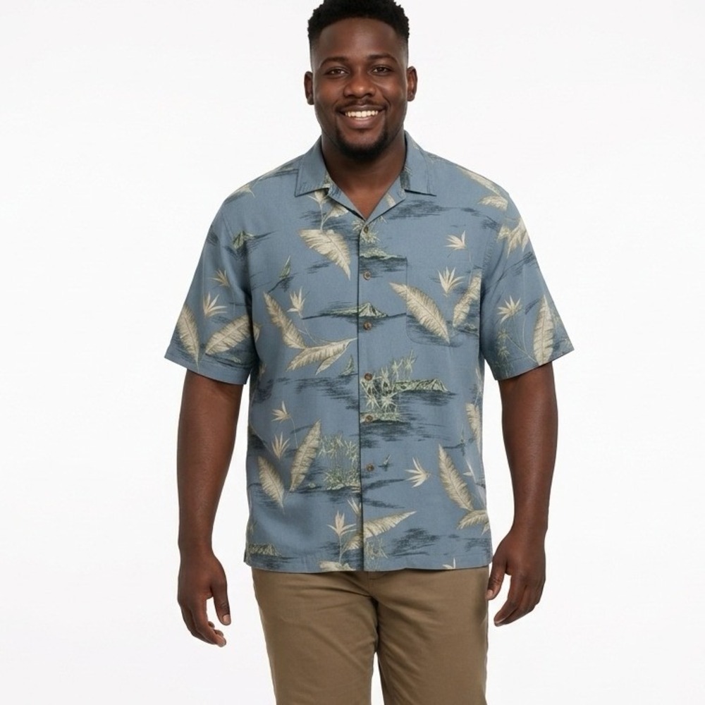 Harbor Bay Men 4XLT Silk Blend Tropical Camp Shirt Blue Short Sleeve Resort Wear